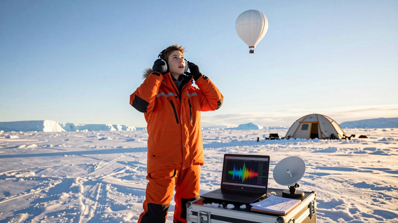 Pesquisador com roupa laranja e fones ajusta aparelho em campo de gelo com balão e tenda ao fundo.