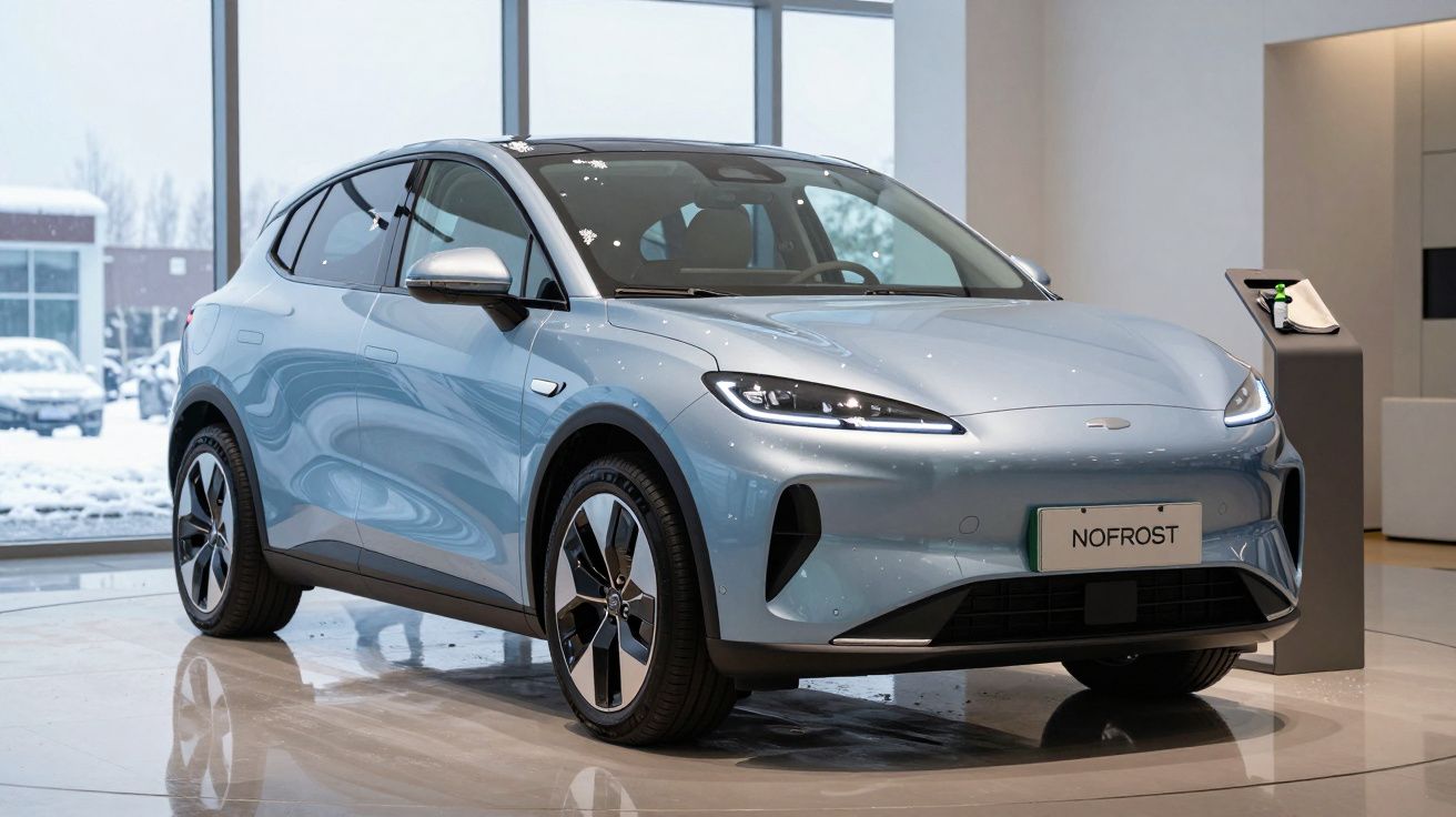 Carro elétrico cinza claro em exposição dentro de showroom moderno e iluminado, com neve do lado de fora.