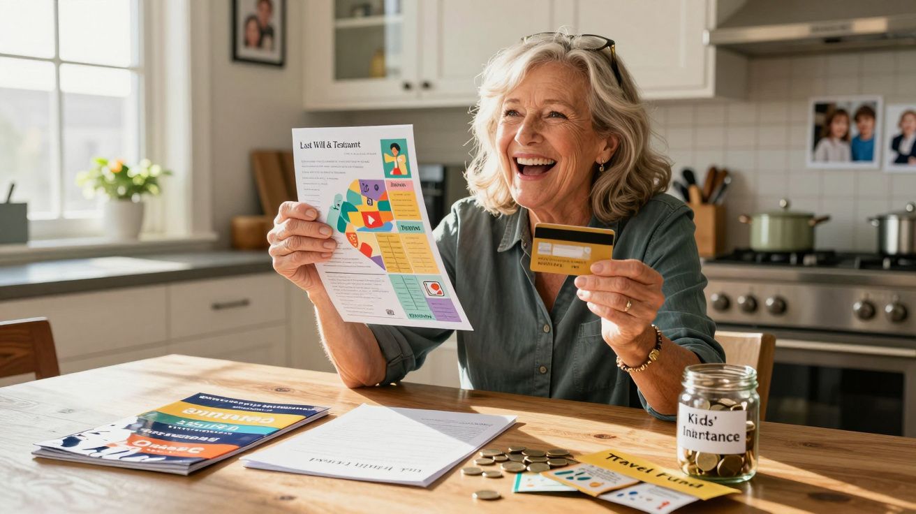 Mulher idosa sorridente segurando cartão e documento em cozinha iluminada, ao lado de moedas e jarro etiquetado.