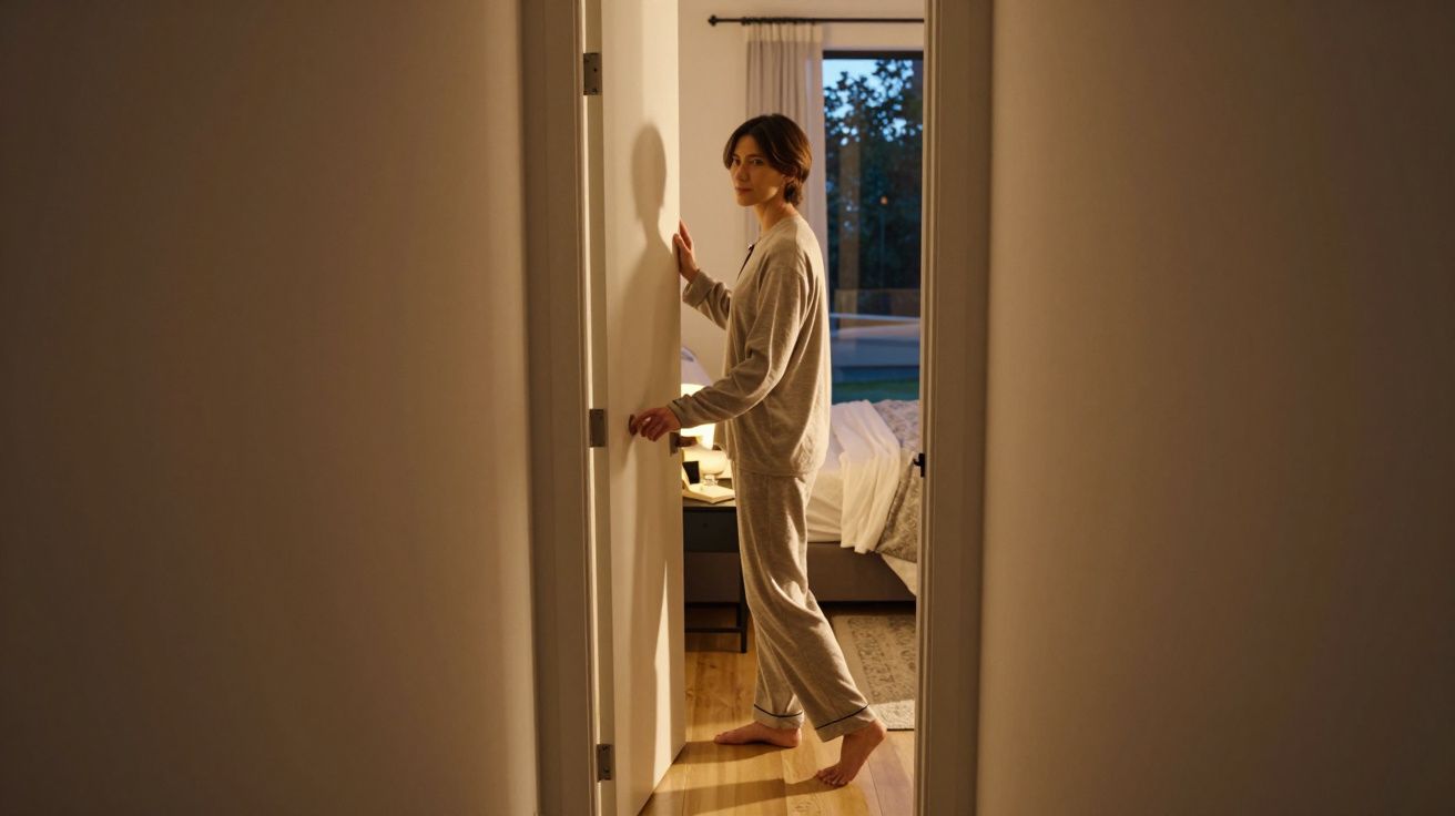 Pessoa de pijama abrindo a porta de um quarto ao entardecer em casa.