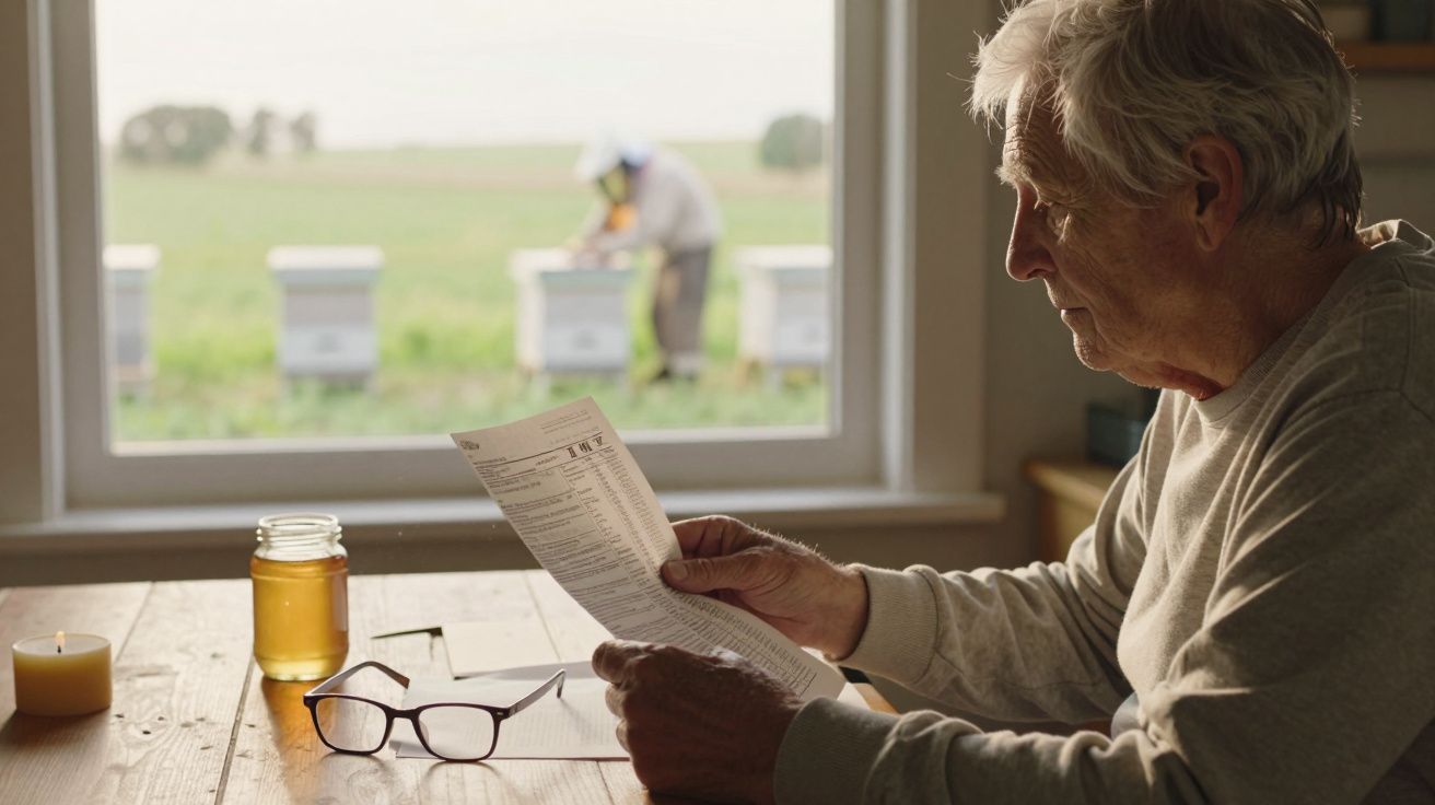 Idoso sentado à mesa lendo documento com vidros e pote de mel, apicultor ao fundo perto de colmeias.