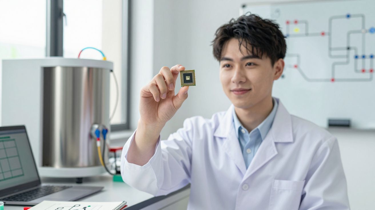Jovem cientista em jaleco branco segurando chip eletrônico em laboratório tecnológico moderno.