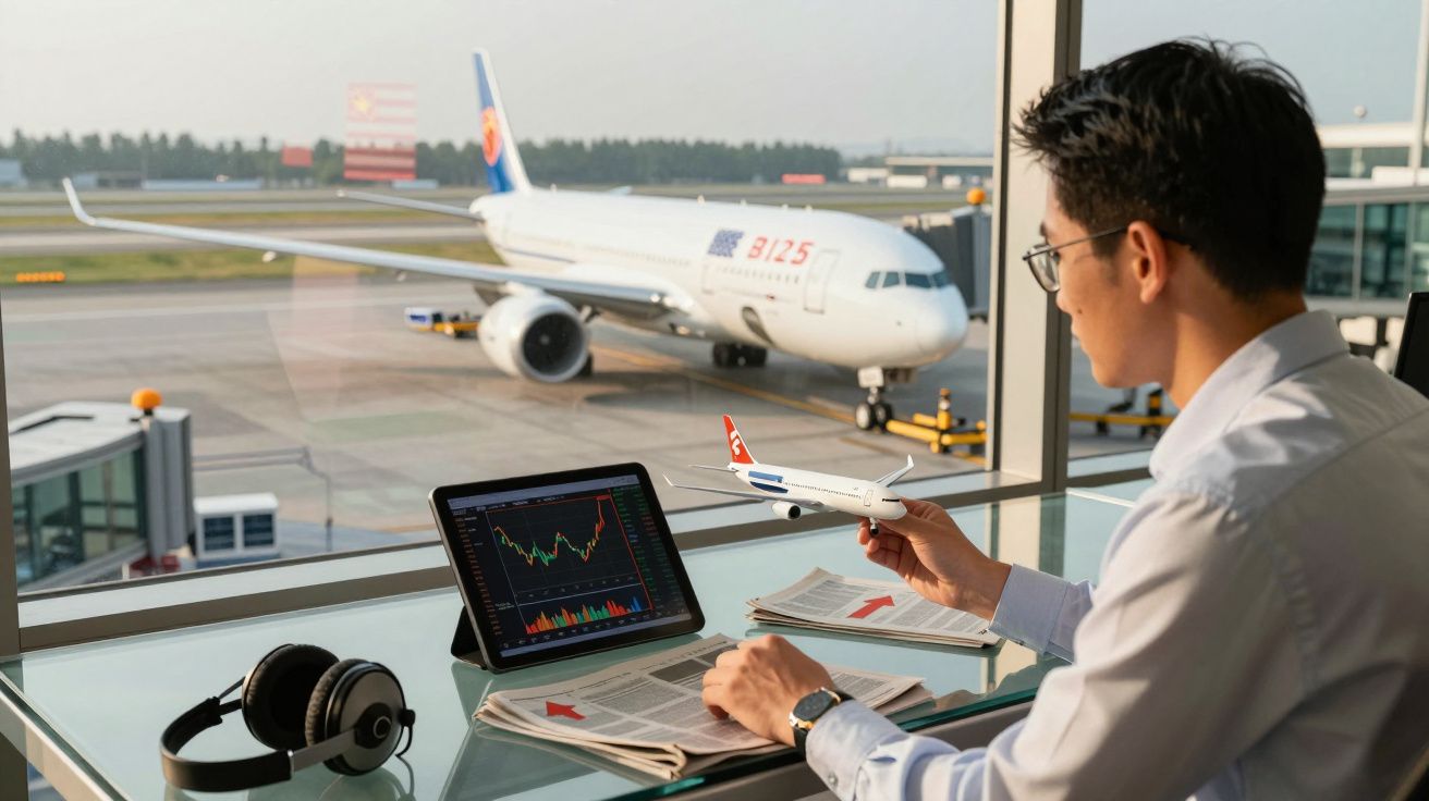 Homem sentado em aeroporto com tablet mostrando gráficos e segurando miniatura de avião diante de avião real.