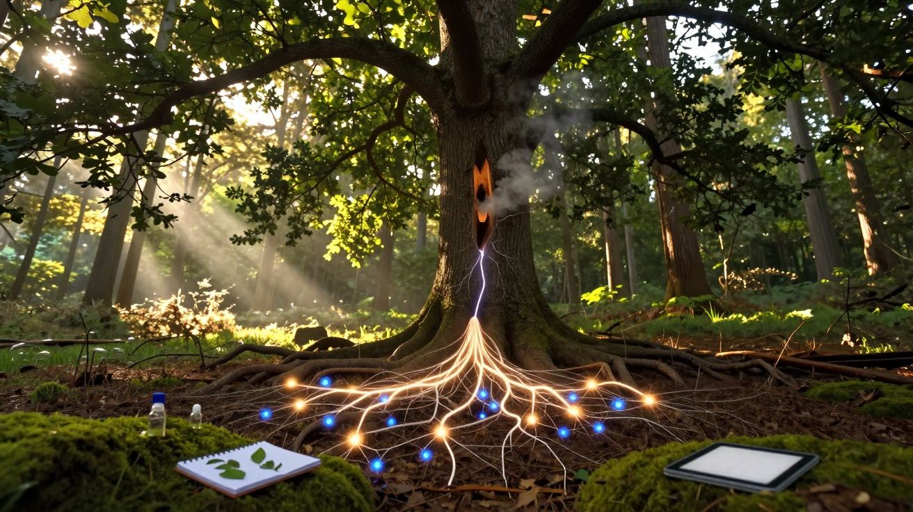 Raiz de árvore iluminada conectada a tronco com descarga elétrica em floresta, ao lado de caderno e tablet.