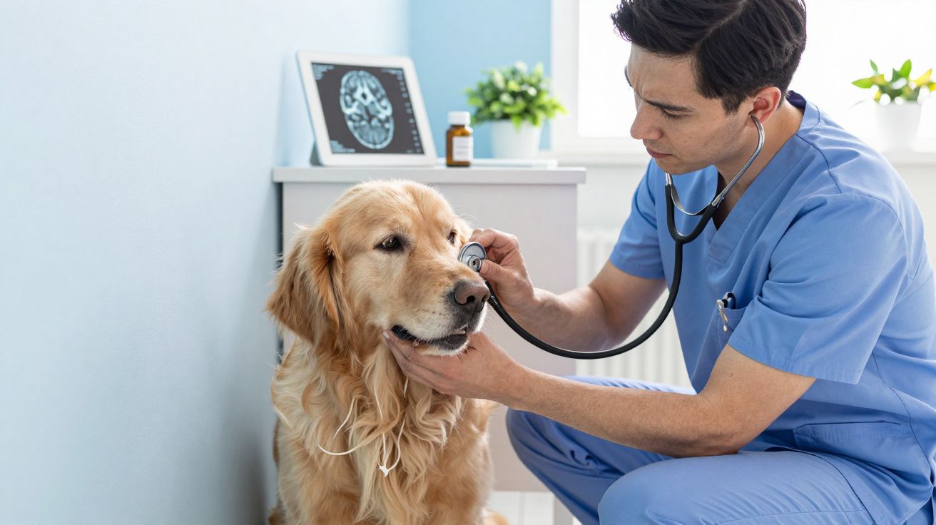 Veterinário usando estetoscópio para examinar um cachorro golden retriever em clínica.