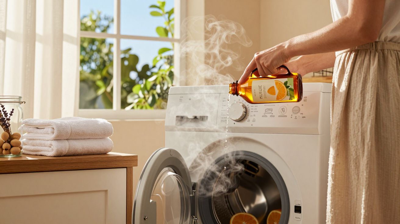Pessoa colocando essência de laranja na lava-roupas branca com toalhas ao lado em ambiente iluminado.