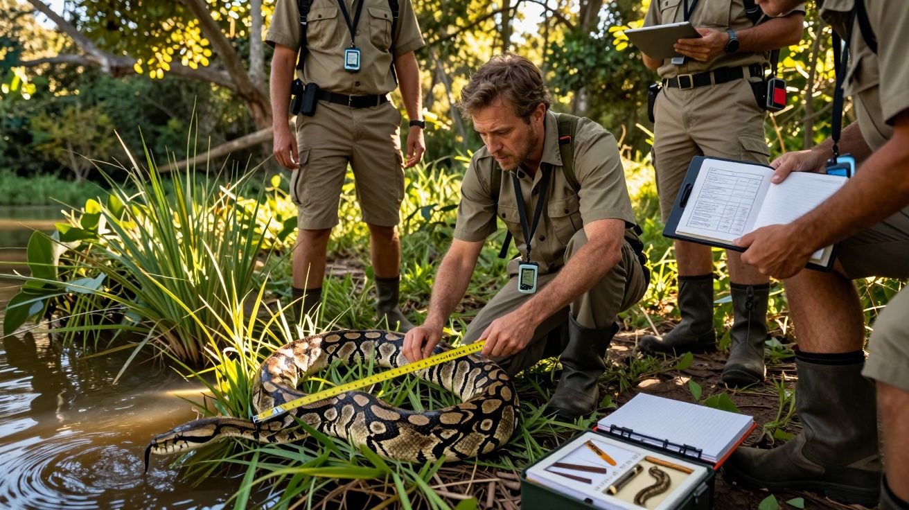 Biólogo mede cobra enquanto colegas anotam dados na beira de rio em área de mata.