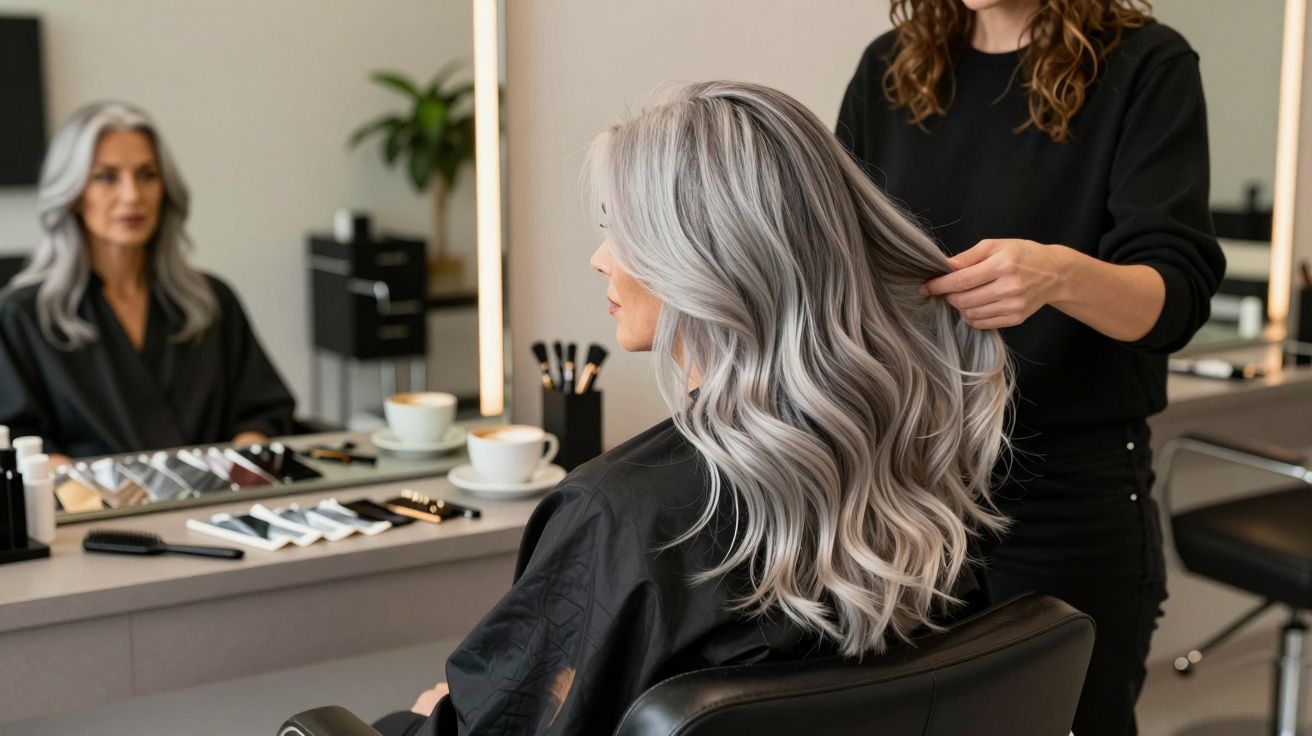 Mulher com cabelo grisalho ondulado sendo penteada por cabeleireira em salão moderno.