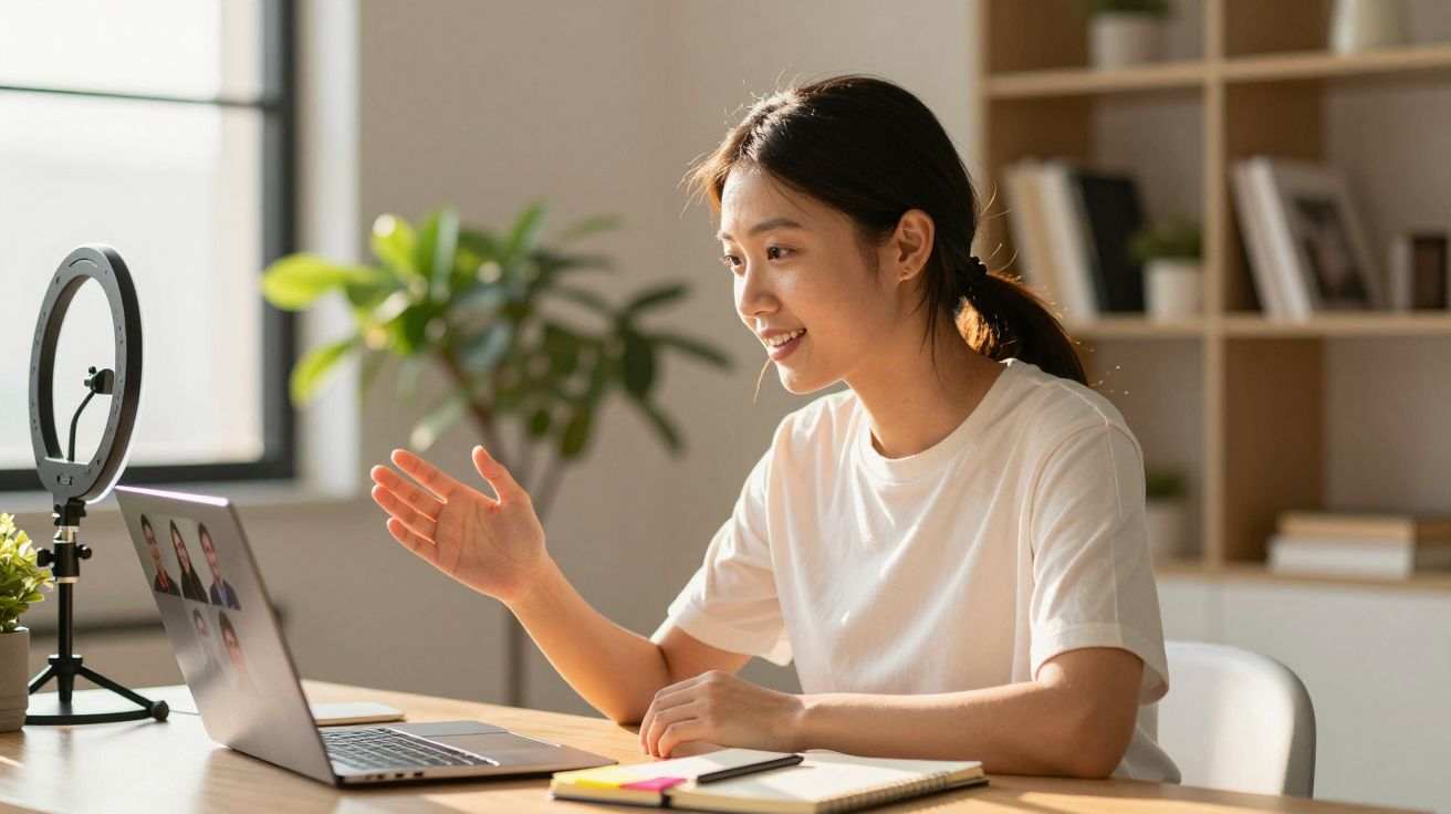 Mulher sorridente participa de videochamada ao computador em mesa com caderno e ring light.