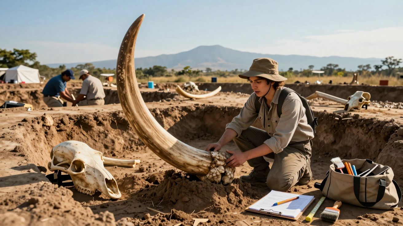 Arqueóloga escava e examina uma presa de mamute em sítio arqueológico ao ar livre.