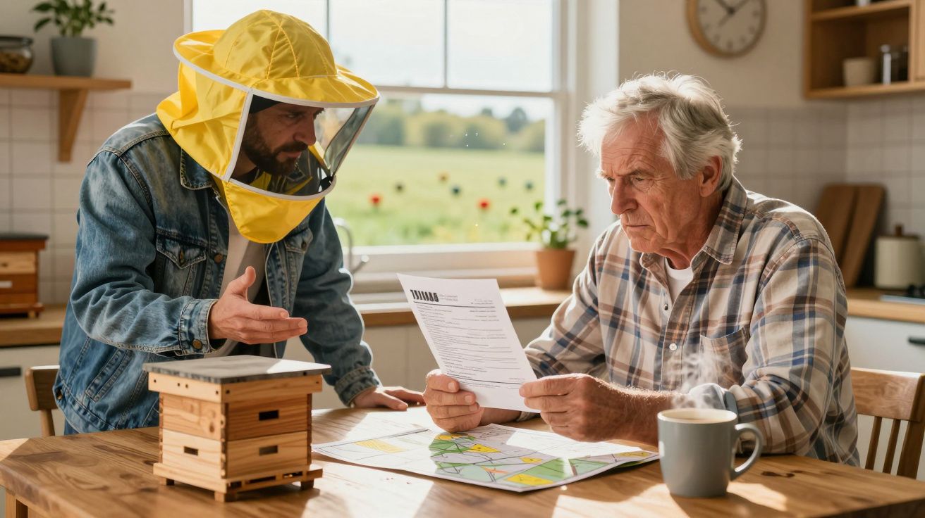 Homem com roupa de apicultor conversa com idoso que lê documento em mesa com colmeia e mapas.