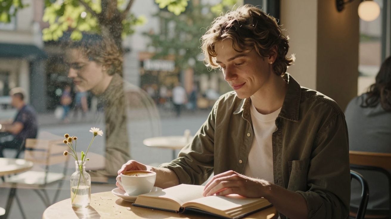 Jovem sentado em cafeteria lendo livro e segurando xícara de café com vaso de flores na mesa.