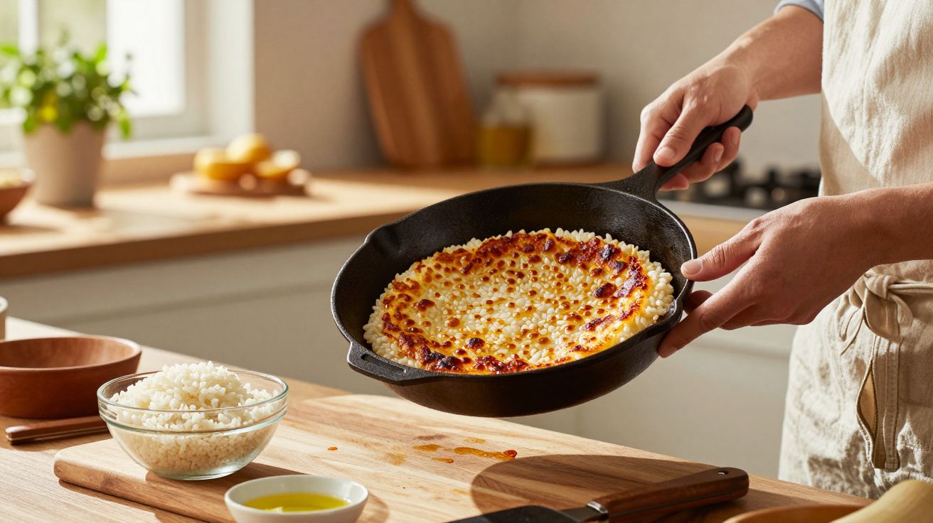 Pessoa segurando frigideira com queijo derretido e gratinado em cozinha iluminada natural.