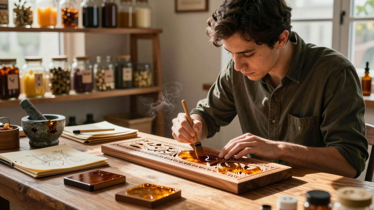 Homem concentrado pintando detalhes em painel de madeira com tinta âmbar em sala iluminada.