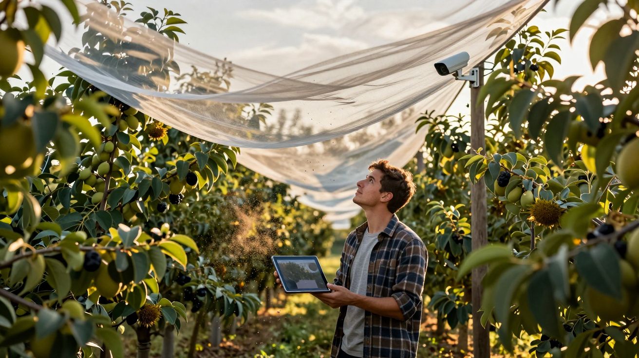 Jovem com tablet inspeciona plantações em estufa coberta por tela branca sob luz do sol.