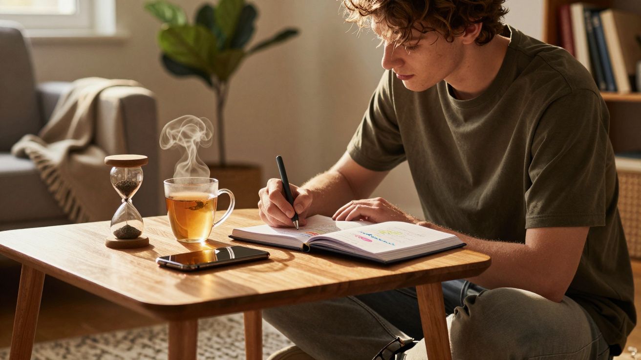 Jovem sentado no chão escrevendo em caderno, com chá com vapor e ampulheta sobre mesa de madeira.