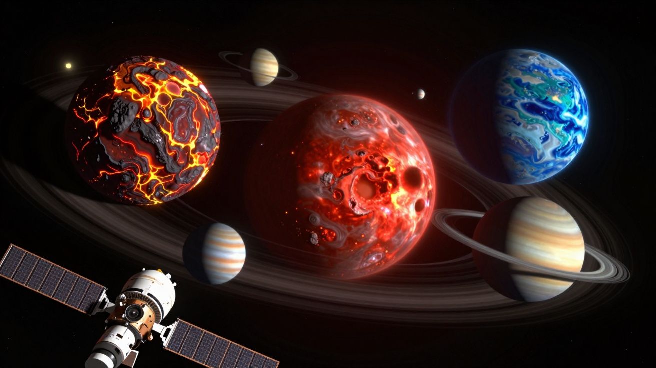 Satélite em órbita próximo a planetas coloridos e com diferentes superfícies e anéis no espaço.