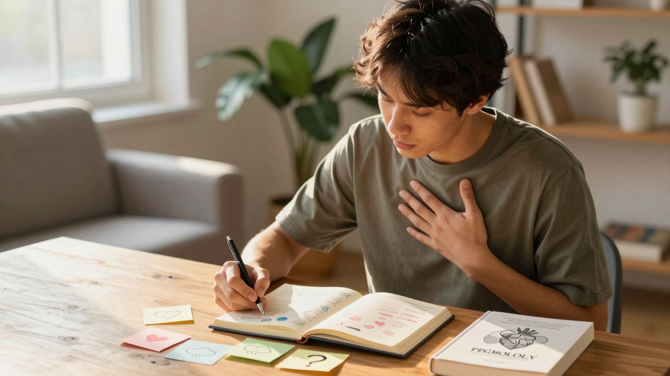 Jovem estudando psicologia, escrevendo em caderno com post-its coloridos sobre mesa de madeira.