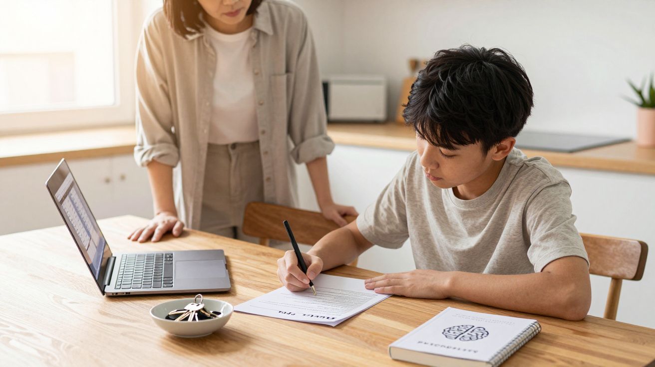 Criança escrevendo em papel, com mulher observando, em mesa com laptop e livros em ambiente doméstico.