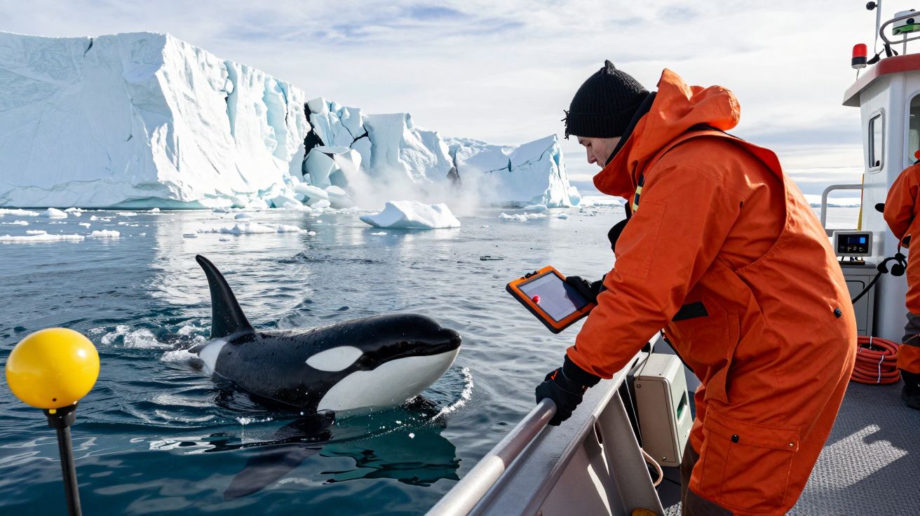Pesquisador em barco interage com orca perto de iceberg em ambiente polar gelado.