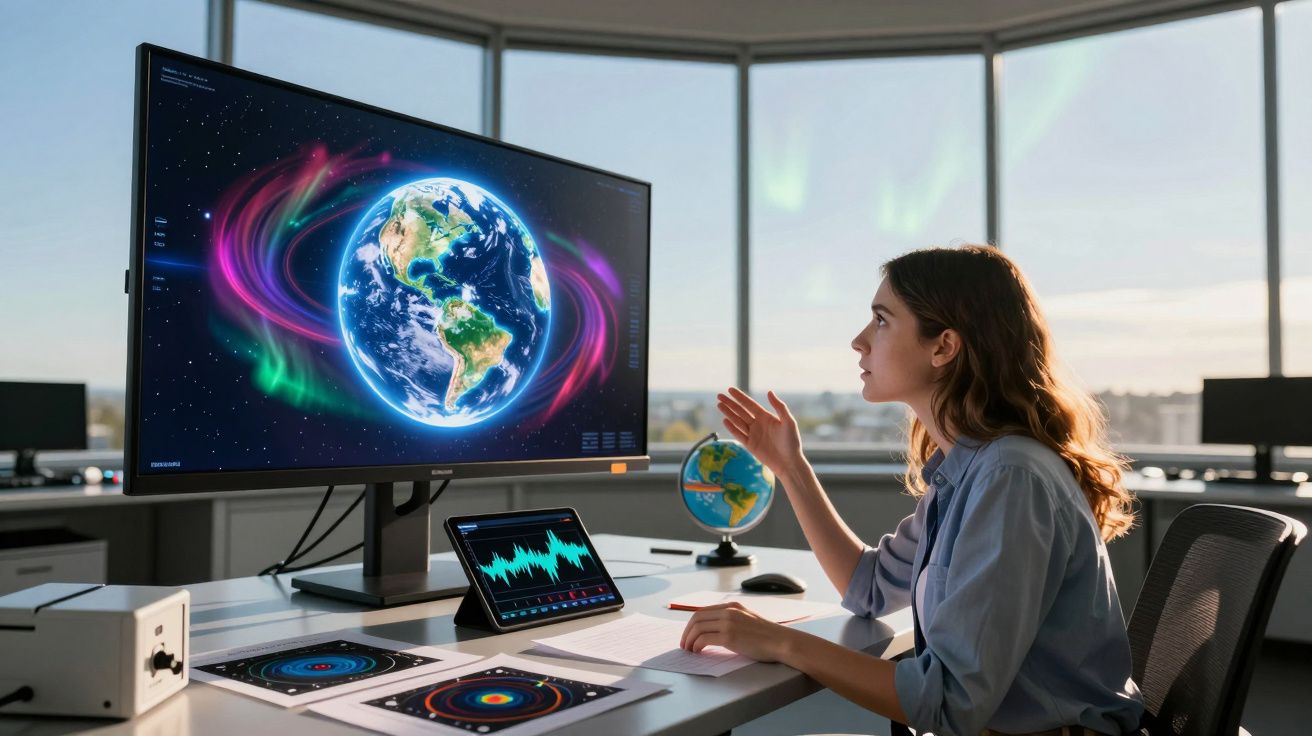 Mulher analisando imagens e gráficos da Terra com atrações magnéticas em monitor em escritório moderno.