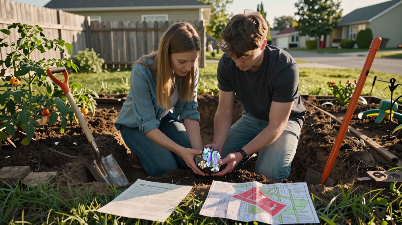Casal jovem examina objeto brilhante enterrado na terra, ao lado de pá e plantas em um jardim residencial.