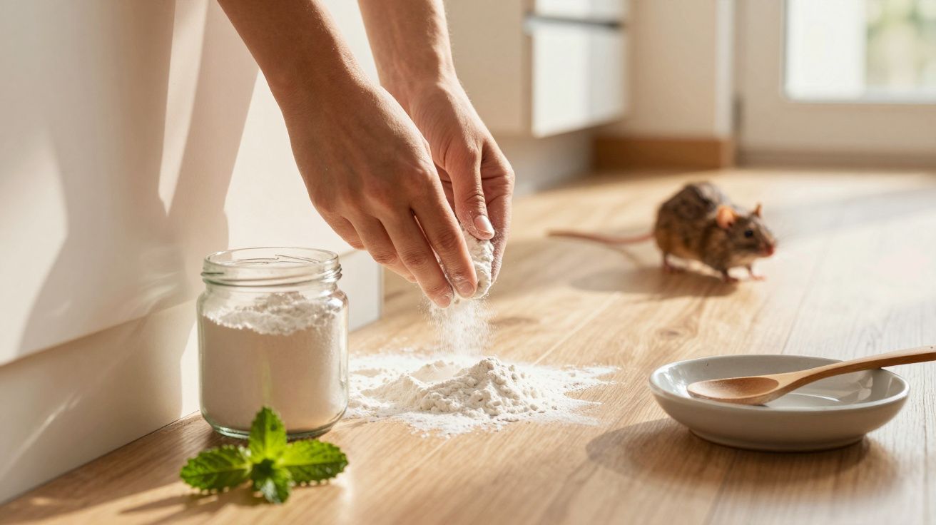 Mãos espalhando pó branco no chão de madeira, com rato ao fundo e pote de vidro aberto ao lado.