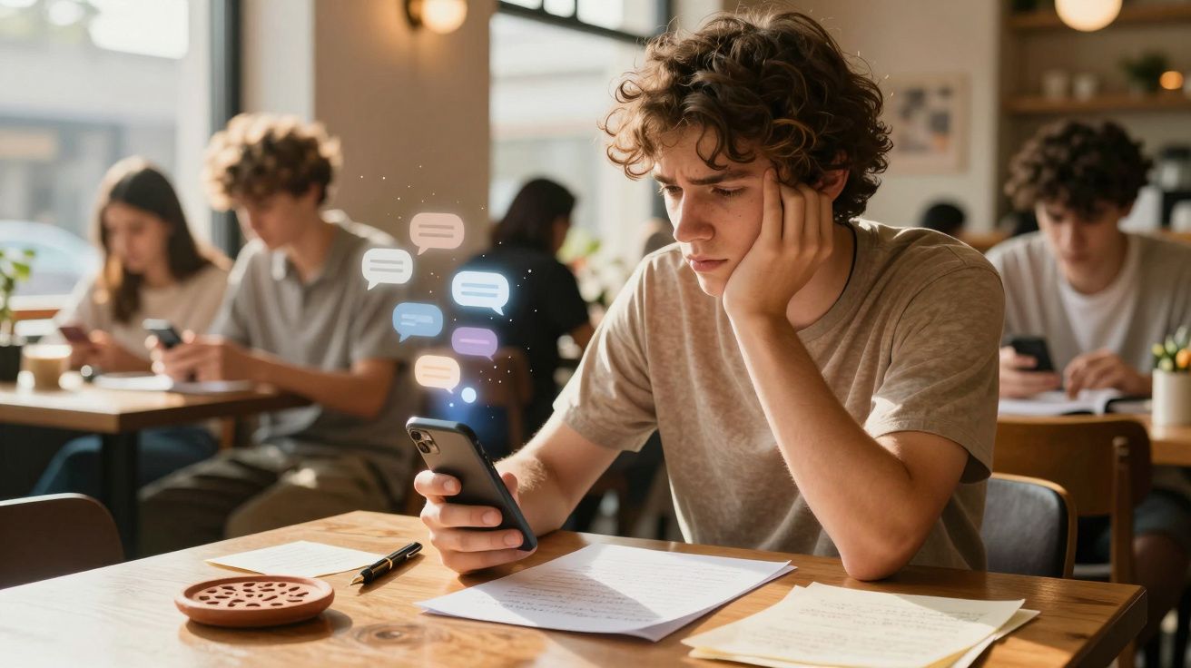 Jovem preocupado olhando mensagens no celular sentado em sala de aula com outras pessoas ao fundo.