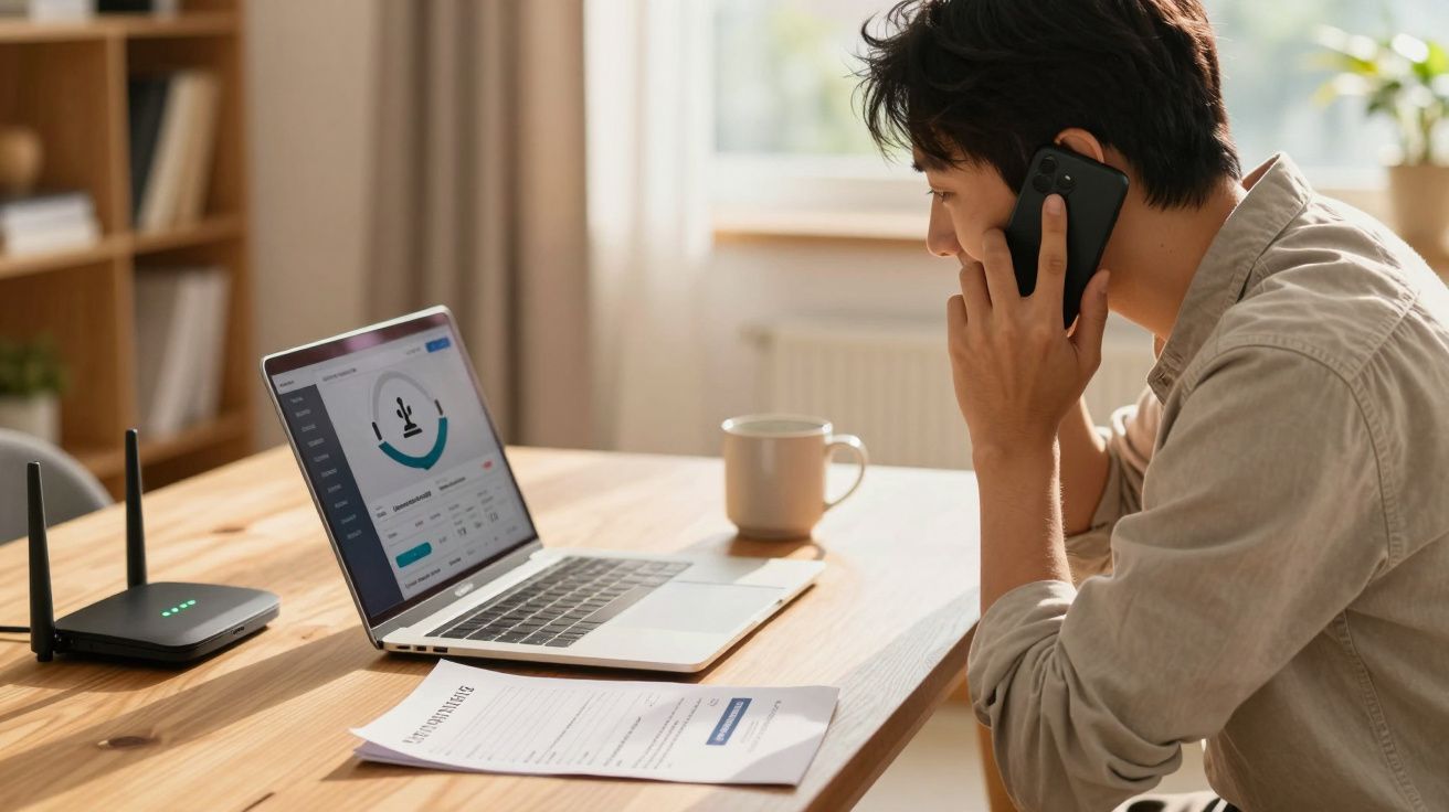 Homem usando celular e laptop para trabalho em casa, com roteador e documento na mesa de madeira.