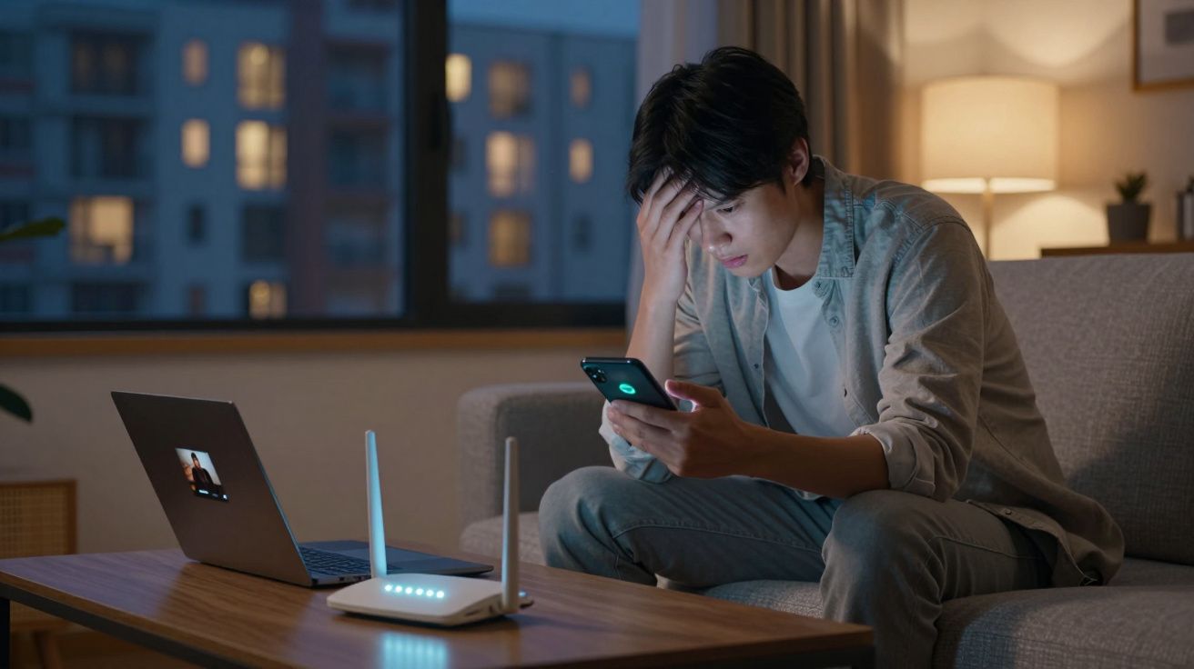 Jovem preocupado olhando para celular sentado no sofá com laptop e roteador em mesa à noite.