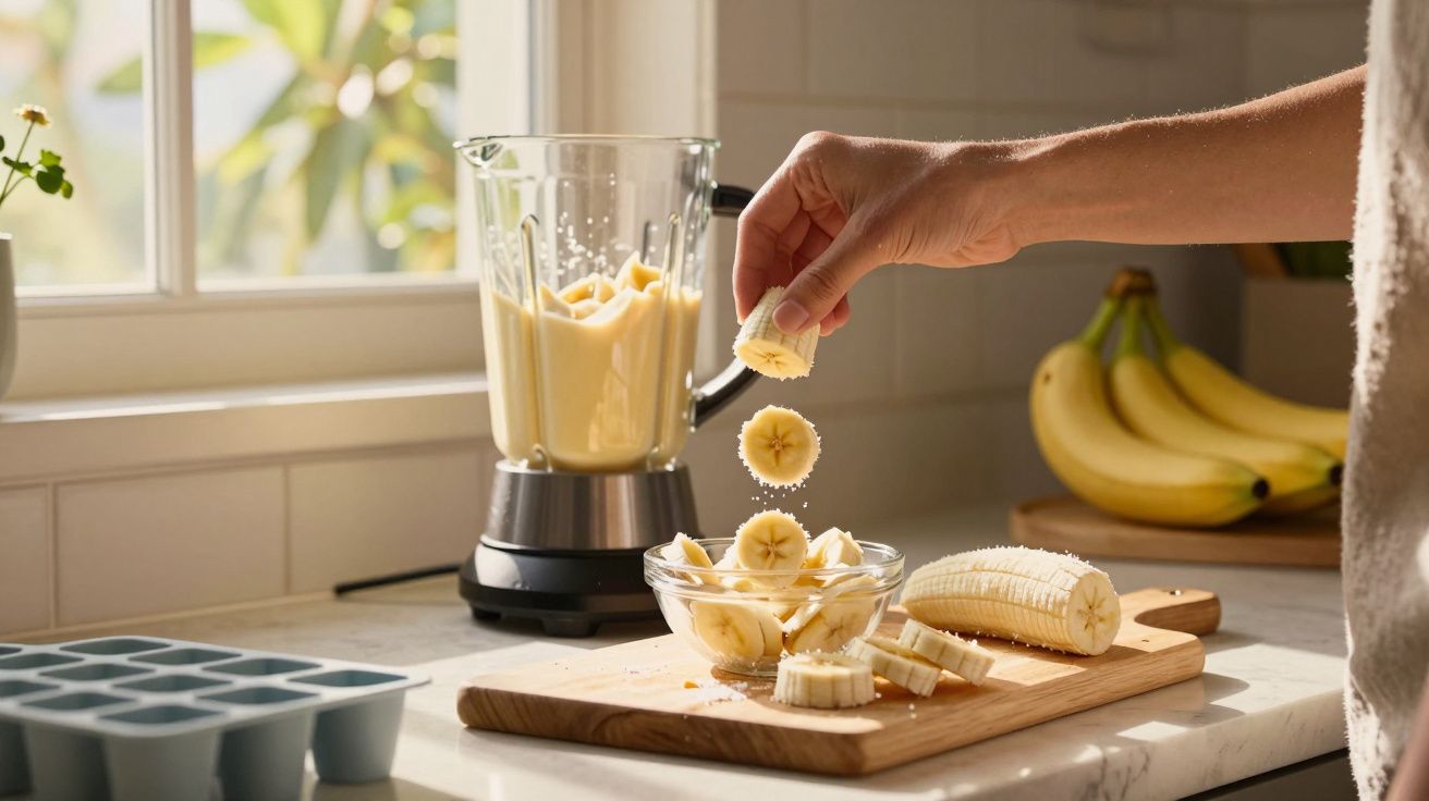 Mão colocando fatias de banana em tigela transparente na cozinha com liquidificador e bananas ao fundo.