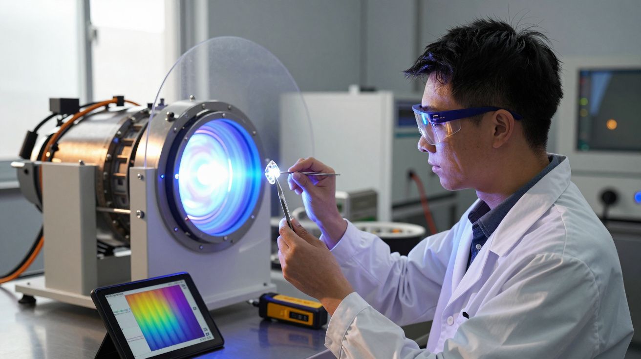 Cientista com jaleco e óculos de proteção manipula equipamento tecnológico com luz azul intensa em laboratório.