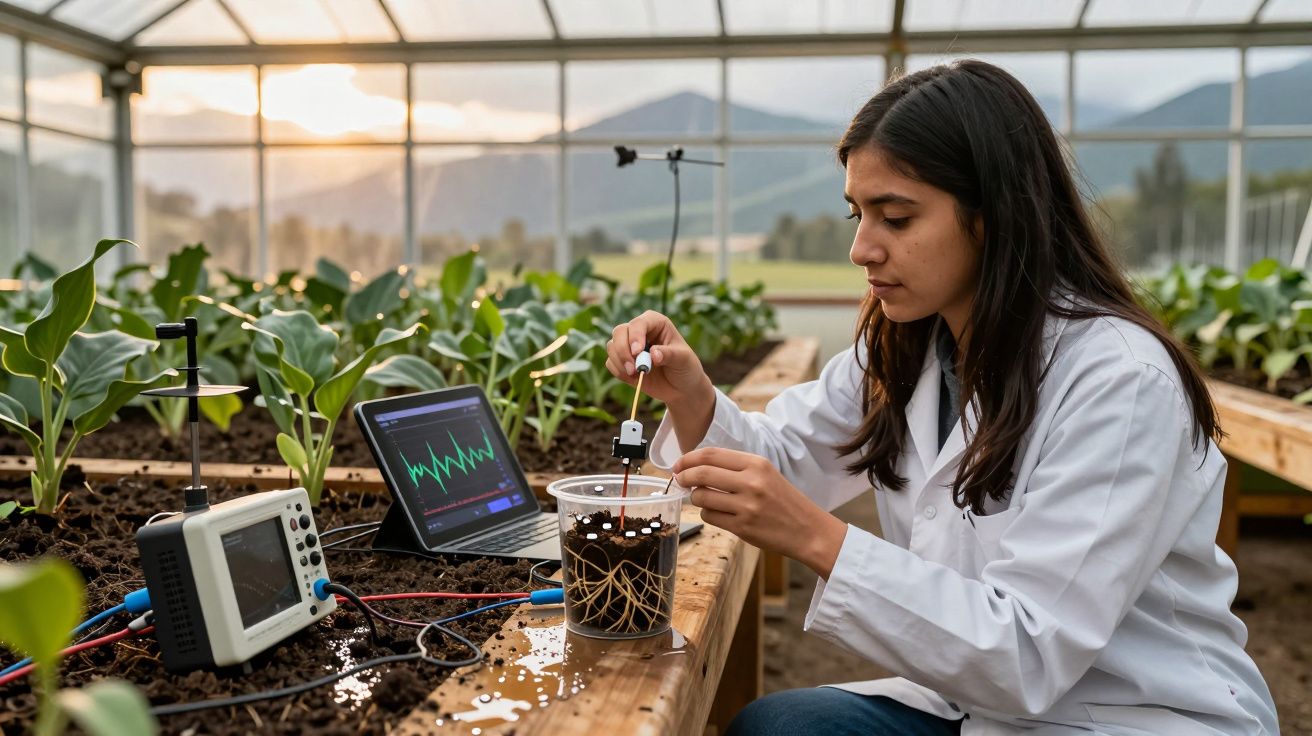 Mulher cientista analisa solo com equipamento eletrônico em estufa de pesquisa agrícola ao pôr do sol.