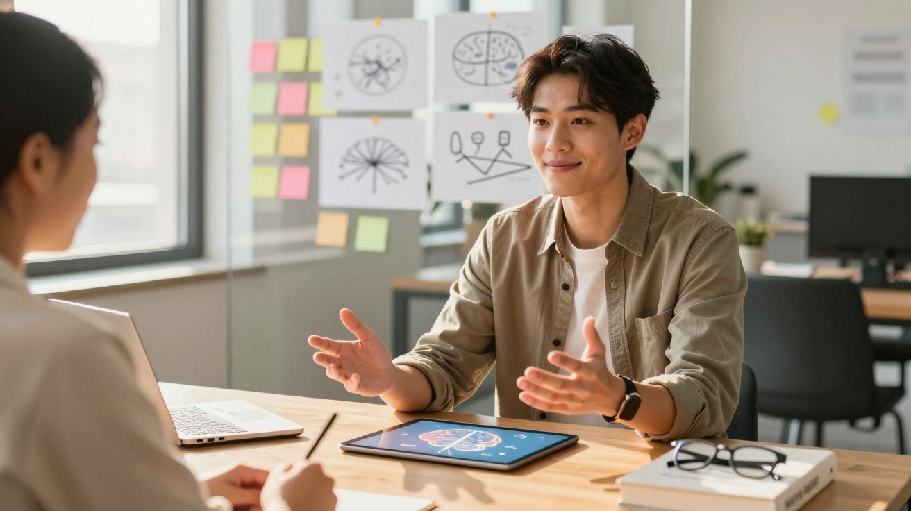 Pessoa explicando dados sobre cérebro em tablet durante reunião em ambiente de escritório com post-its coloridos ao fundo.