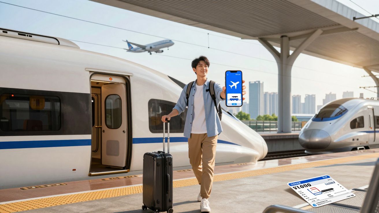 Homem com mala na estação de trem, mostrando app de passagem aérea no celular, avião decolando ao fundo.