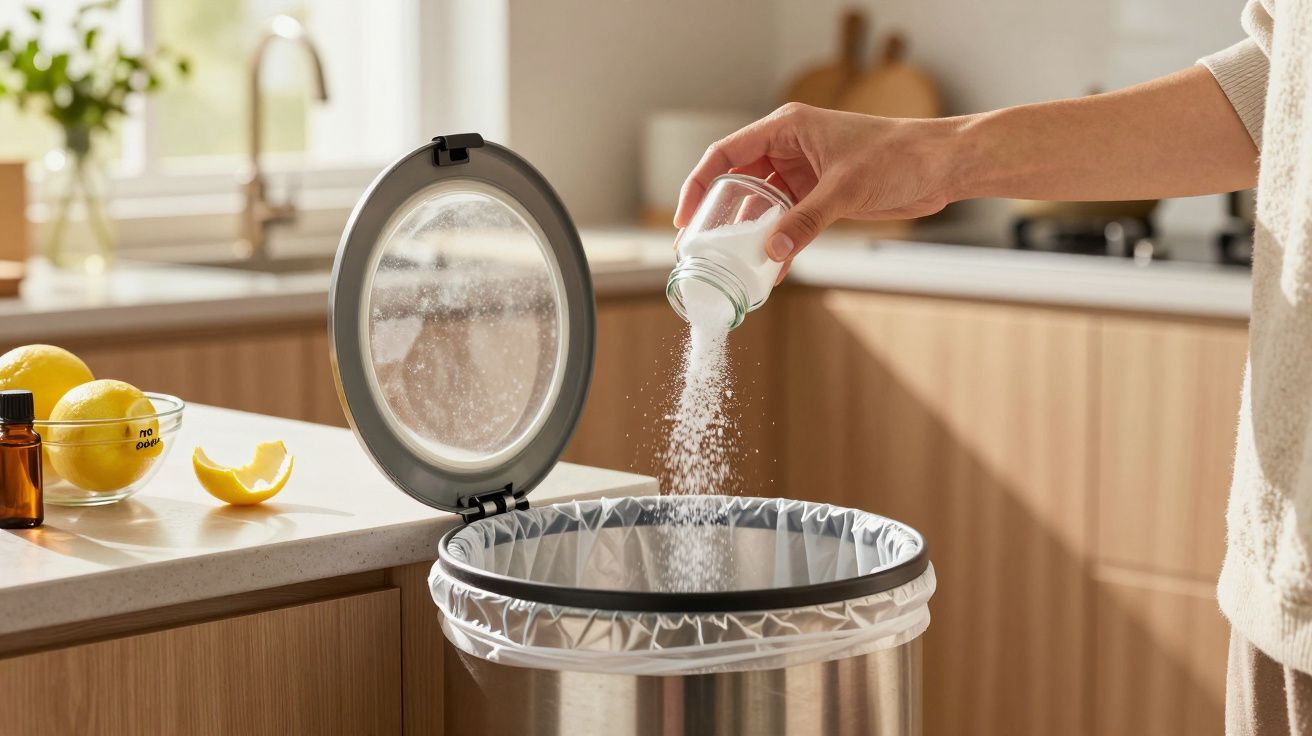 Pessoa descartando sal em lata de lixo inox com tampa aberta em cozinha iluminada.