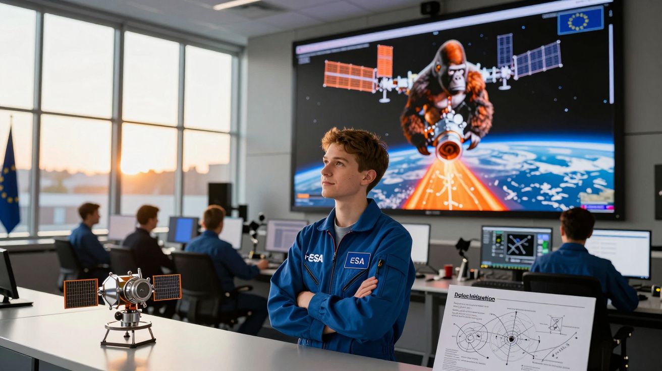 Jovem com uniforme da ESA em sala de controle com modelo espacial e tela mostrando gorila e satélite em órbita.