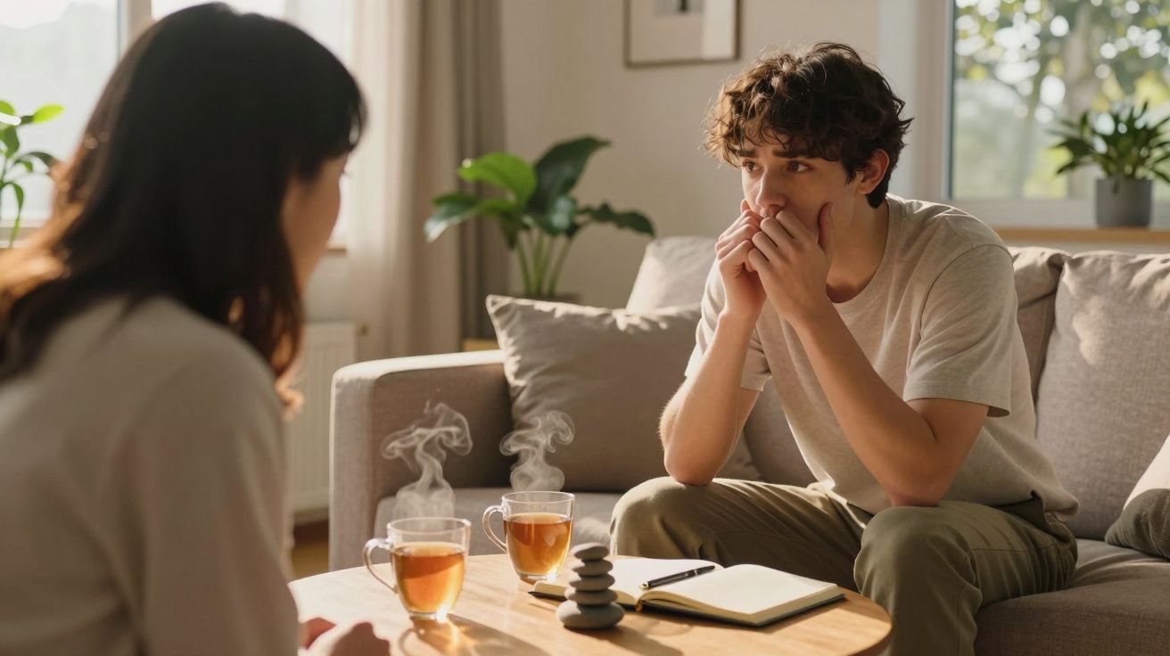 Jovem pensativo sentado no sofá em conversa com outra pessoa, com chá e caderno sobre a mesa.