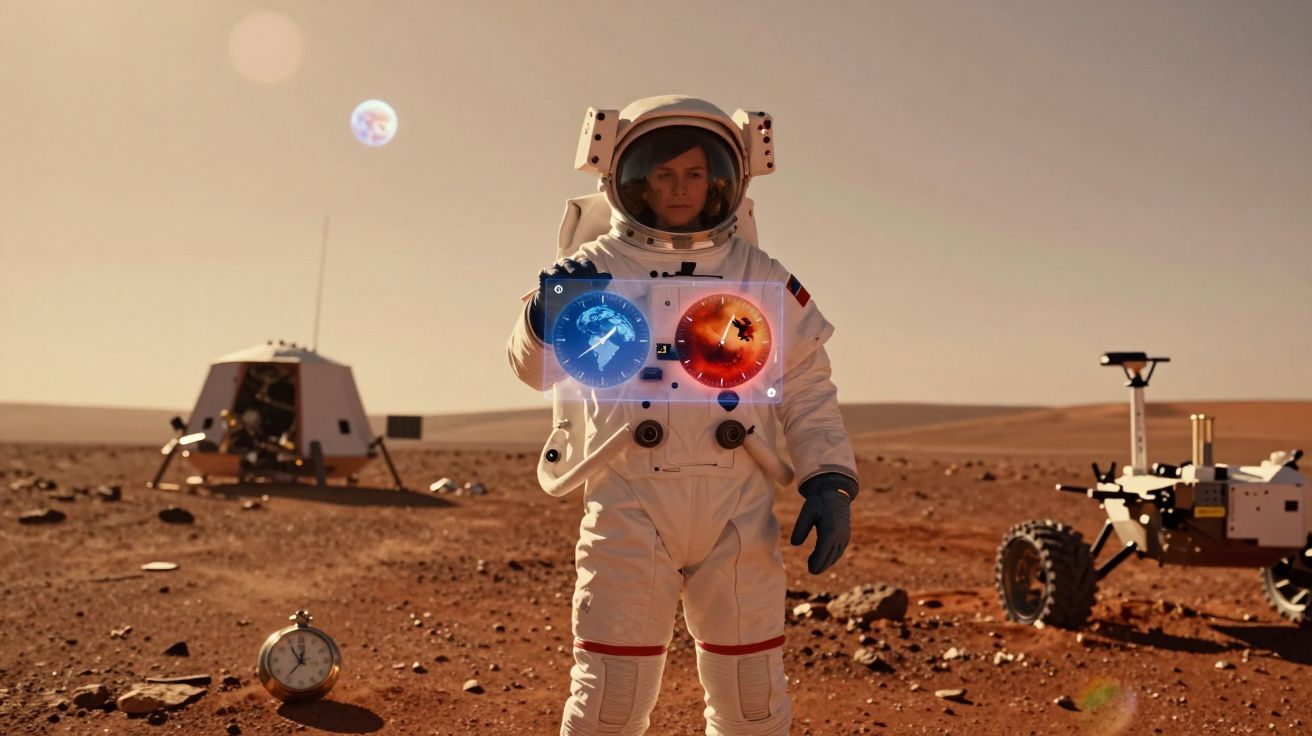Astronauta em traje completo em solo marciano com hologramas e equipamentos ao redor.