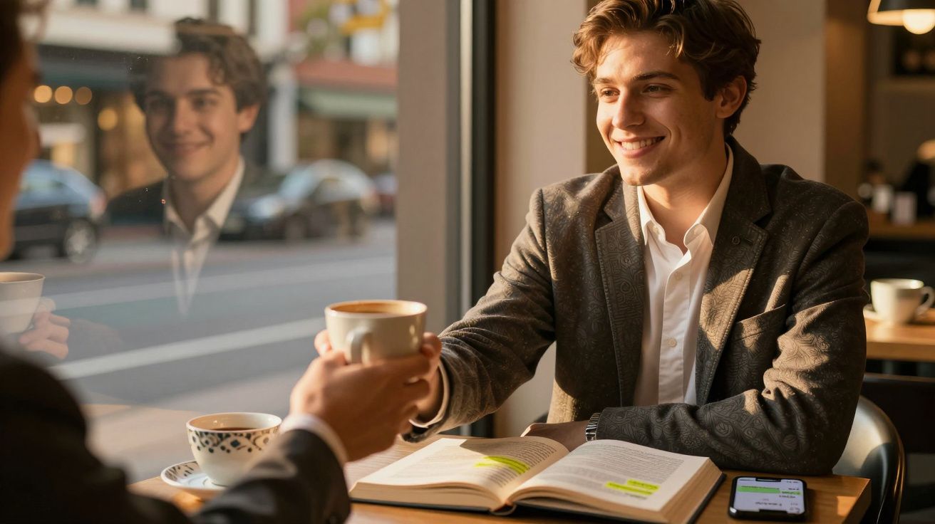 Dois jovens brindando com xícaras em cafeteria, um com livro aberto e celular na mesa.
