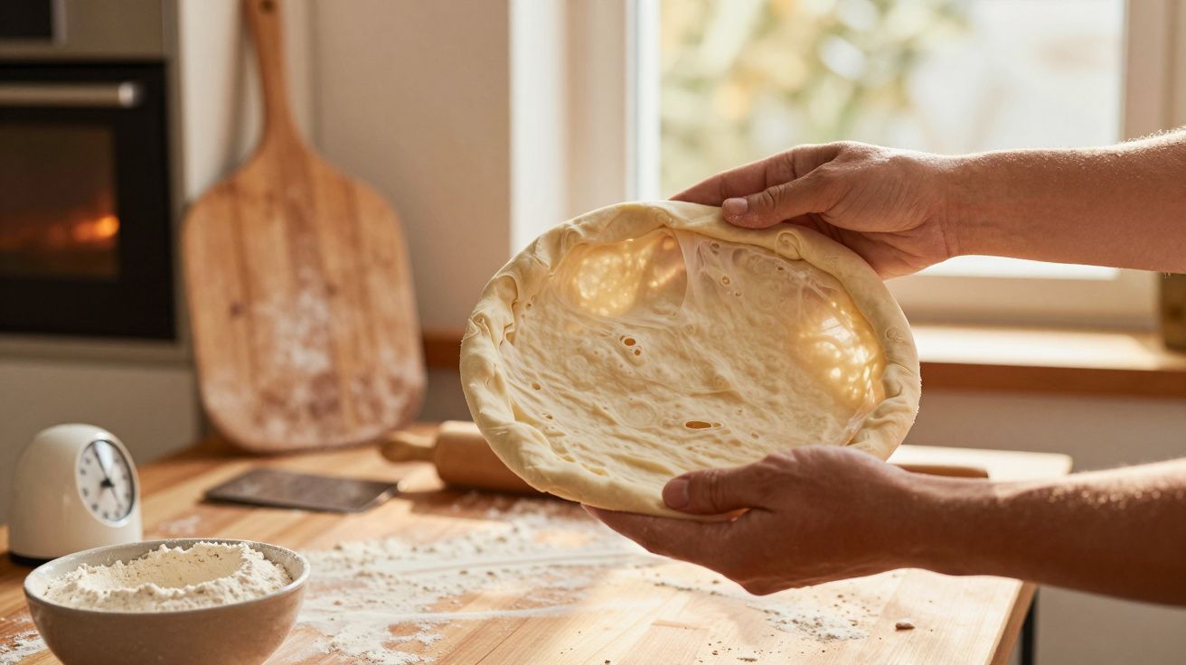 Mãos seguram massa de pizza crua, cozinha ao fundo com tigela de farinha e utensílios de preparo.
