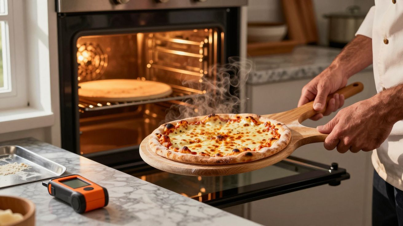 Pessoa retirando pizza quente do forno com pá de madeira em cozinha moderna.