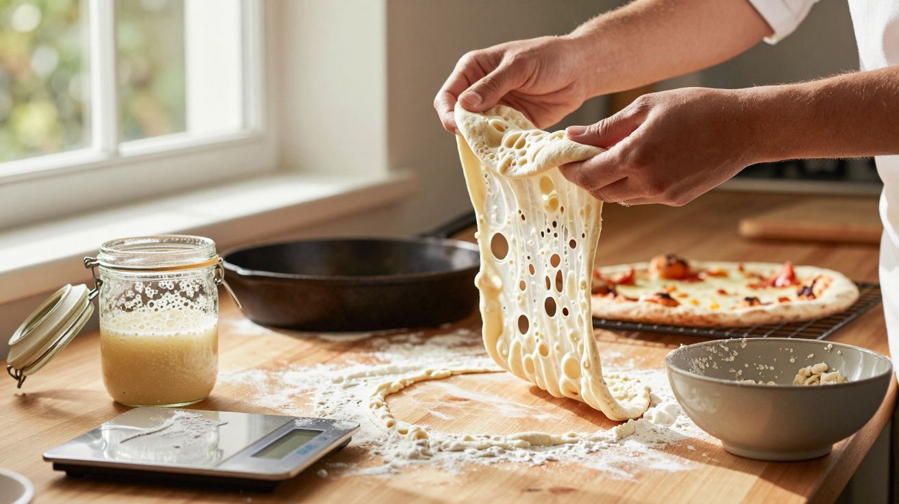 Mãos esticando massa de pizza com furos em bancada de madeira, com utensílios e pizza ao fundo.