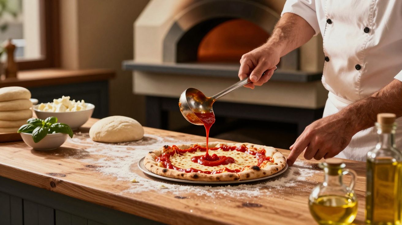 Chef despejando molho de tomate sobre pizza com massa crua em bancada de madeira com forno a lenha ao fundo.