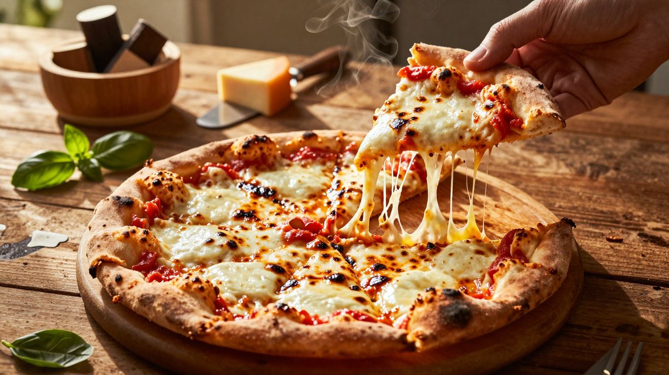 Pizza de mussarela com borda crocante sendo retirada de tábua de madeira com queijo derretido e fumaça.