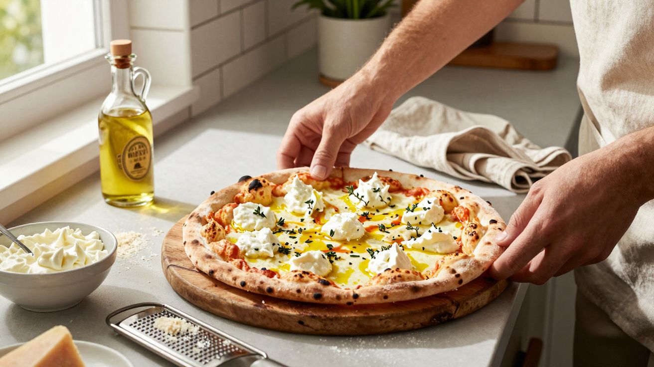 Pizza artesanal com queijo, ervas e azeite sendo servida sobre tábua de madeira em cozinha iluminada.