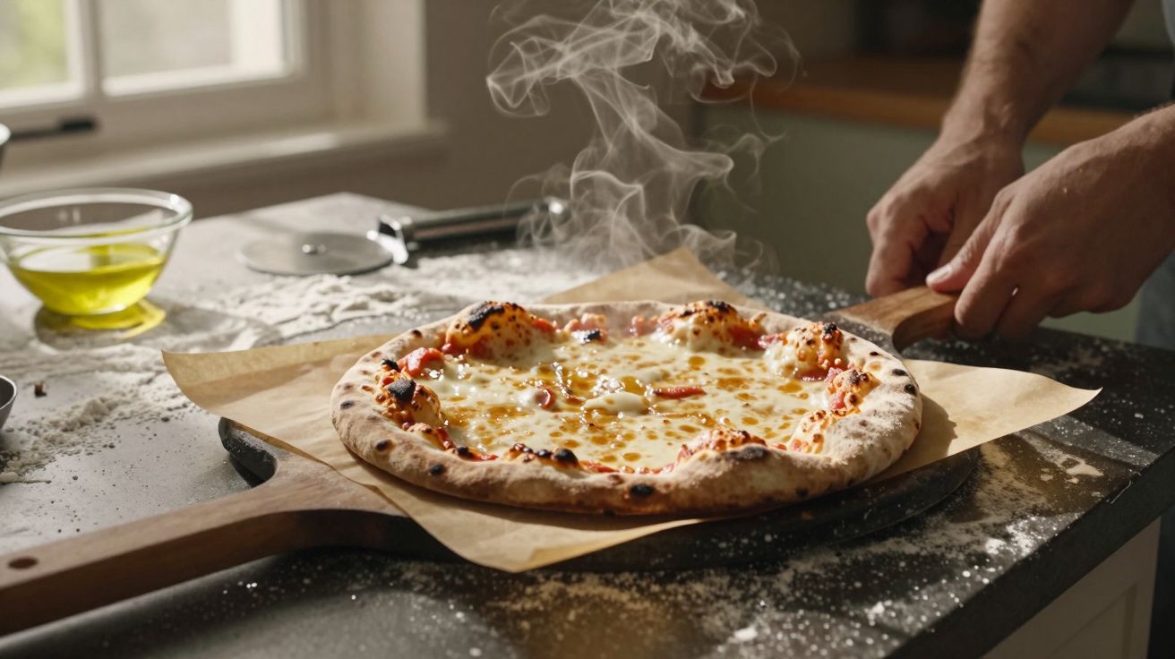 Pizza quente com queijo derretido e tomate sobre pedra de pizza em cozinha iluminada.