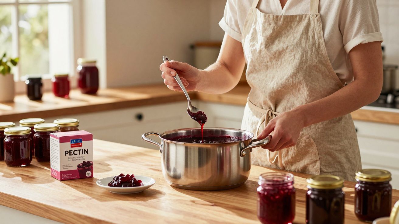 Pessoa preparando geleia vermelha em panela com potes de vidro cheios e caixa de pectina sobre bancada de madeira.