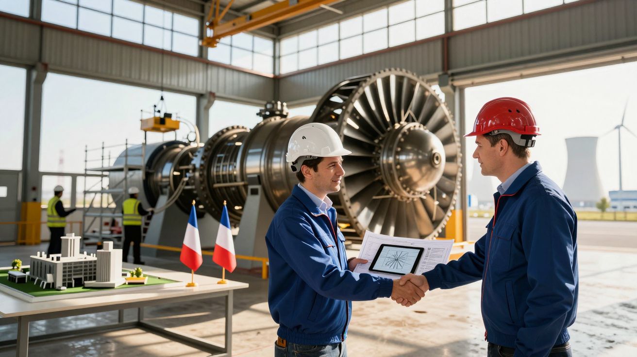 Dois engenheiros de capacetes apertam as mãos em frente a uma turbina industrial dentro de fábrica.