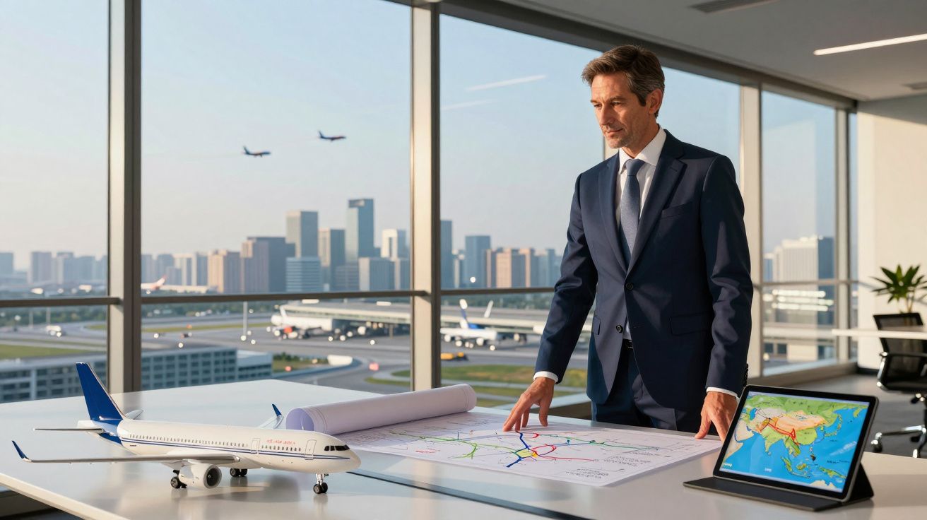 Homem de terno analisando mapa de rotas em escritório com modelo de avião e tablet mostrando mapa aéreo.